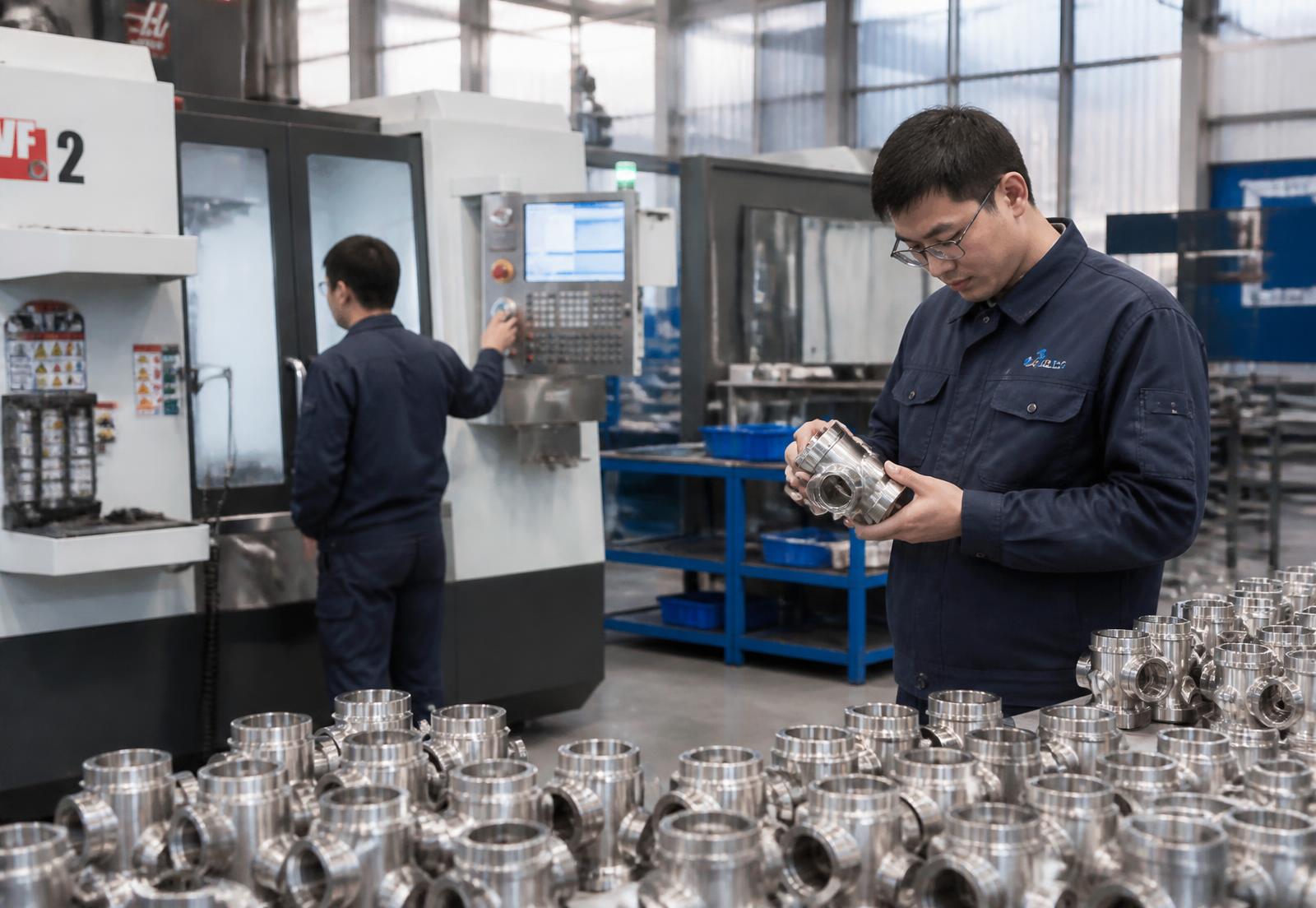Engineers inspecting machined stainless steel valve bodies at the Parth Valves works