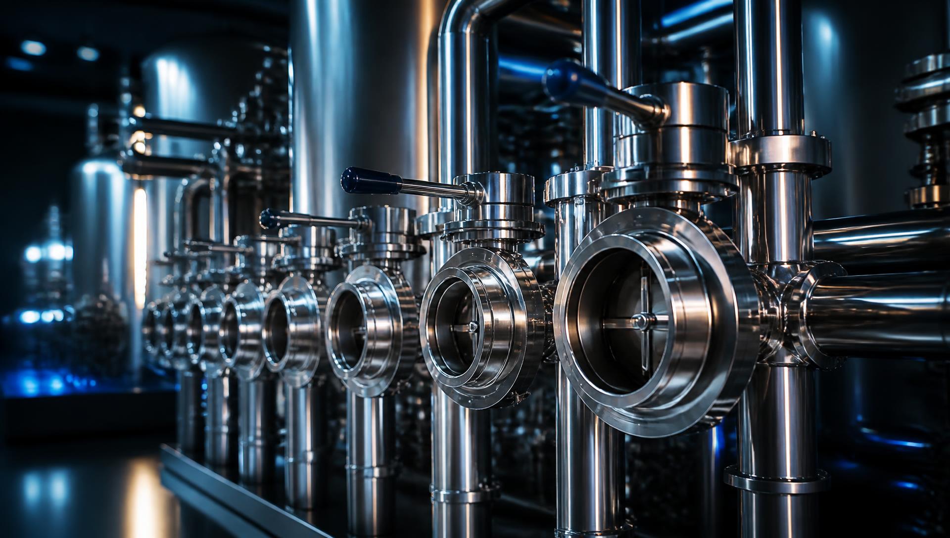 Stainless steel hygienic butterfly valves on a sanitary process pipeline