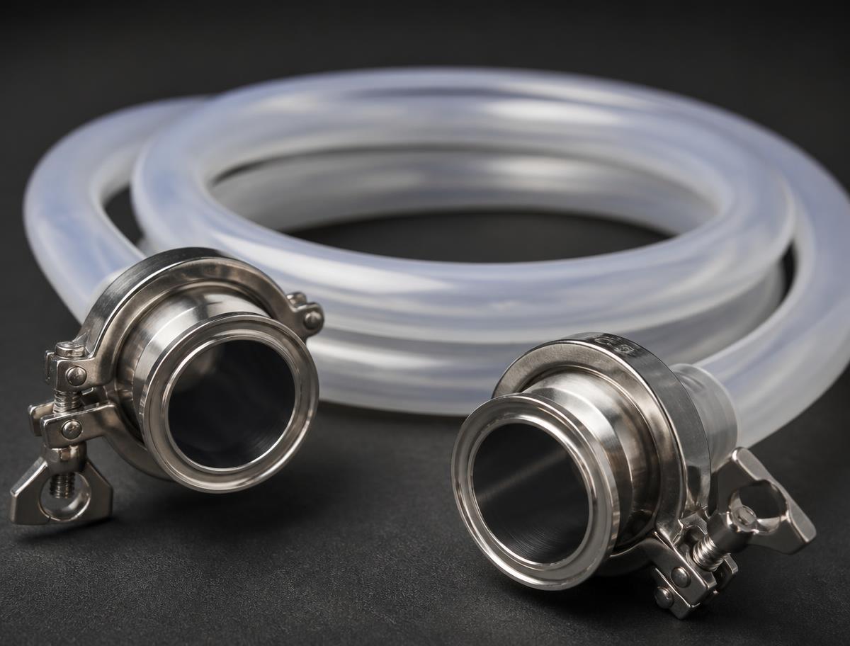 Food grade silicone hose with stainless steel tri-clamp end fittings